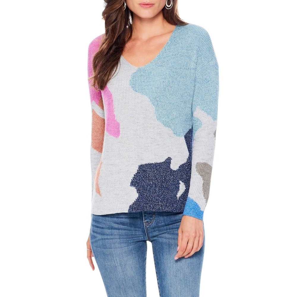 NIC+ZOE Puzzle Time V-neck Sweater Womens L Multicolor Abstract Ribbed Knit